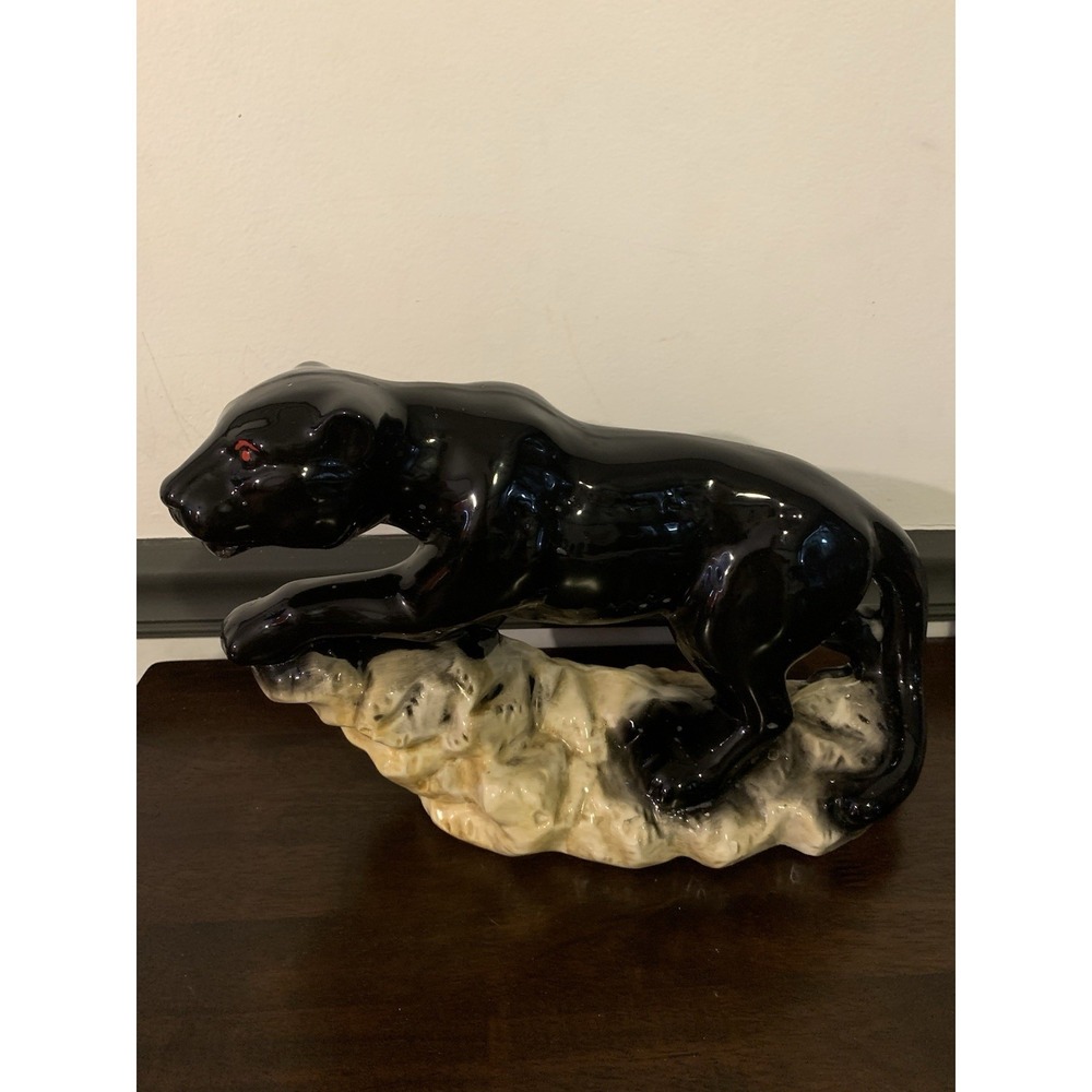 HUGE Mid Century Modern Ceramic Black Panther On Rocks Red Eyes MCM Vintage 50s